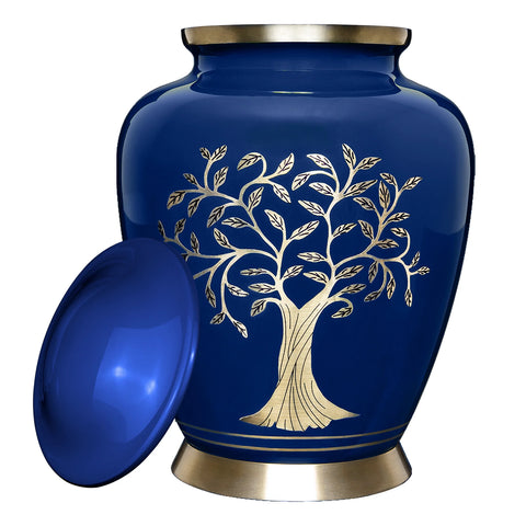 Blue Tree of Life Ash Urn | Brilliant blue with Gold Tree Of Life Cremation Urn