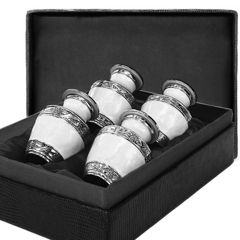 Pearl White Keepsake Cremation Ash Urns | Set of 4 KEEPSAKES In Display Box