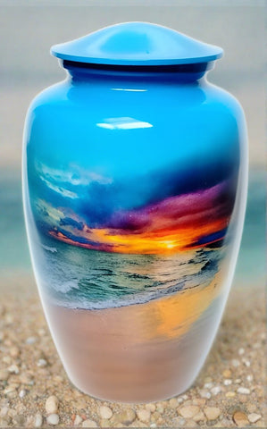 An exclusive urn titled "A New Dawn" unique ash urn | Adult Cremation Urn | Beach Scene Ash Urn