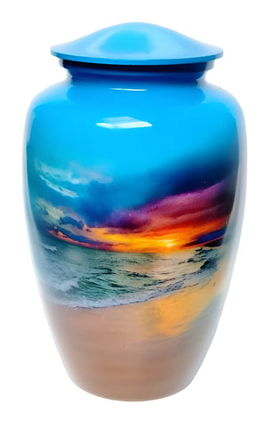 An exclusive urn titled "A New Dawn" unique ash urn | Adult Cremation Urn | Beach Scene Ash Urn