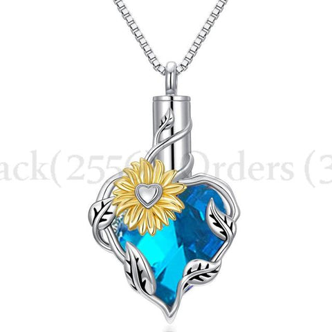 Cremation Jewelry - Blue Iridescent Crystal Heart with Daisy Cremation Pendant and Chain