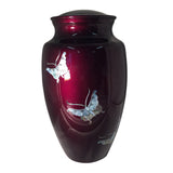 Mother of Pearl Butterfly Cremation Urn | Burgundy background