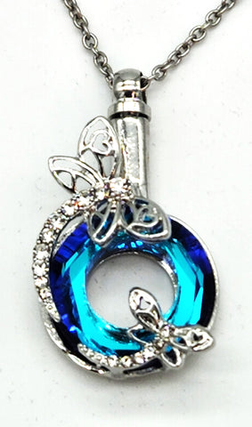 Cremation Jewelry - Blue Iridescent Ring with Silver Dragonflies Cremation Pendant and Chain