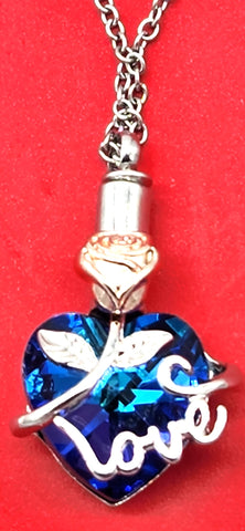Cremation Jewelry - Blue Iridescent Crystal Heart with Love and Daisy Cremation Pendant and Chain