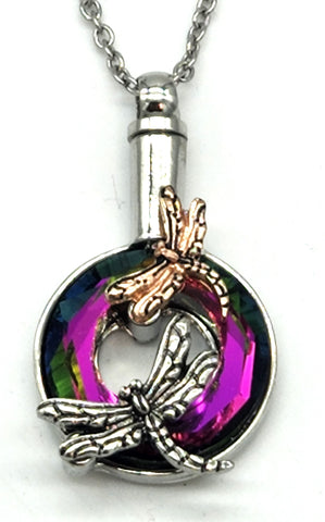 Cremation Jewelry - Red Iridescent Crystal Ring with Silver Dragonflies Cremation Pendant and Chain