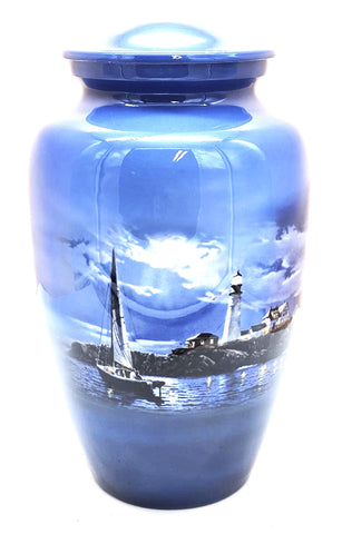 Adult Cremation Urn | Titled "Safe Passage" | Sailboat being guided by the Lighthouse
