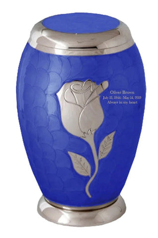 Silver Rose on Blue ash Cremation Urn |  Ideal urn for someone who loved Roses