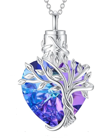 Cremation Jewelry - Blue/ Purple Iridescent Crystal Heart with Tree of Life Cremation Pendant and Chain