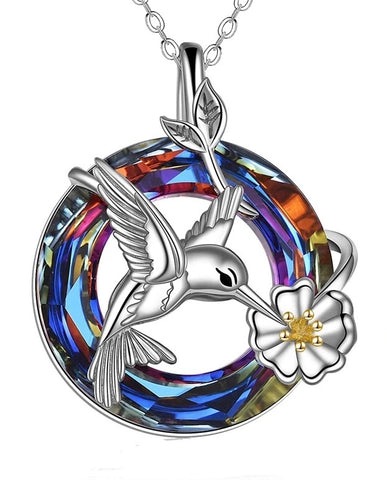 Cremation Jewelry - Iridescent Crystal Ring with Hummingbird Cremation Pendant and Chain