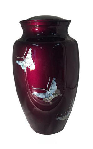 Mother of Pearl Butterfly Cremation Urn | Burgundy background