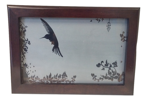 Cremation Urn inside mahogany Memorial Chest - Hummingbird Frosted Glass lid