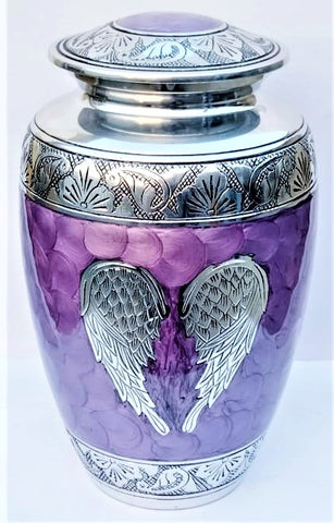 Purple with Silver Angel Wings, Adult Human Cremation Urn, Urn for Ashes, Brass cremate Urn, Vision Medical