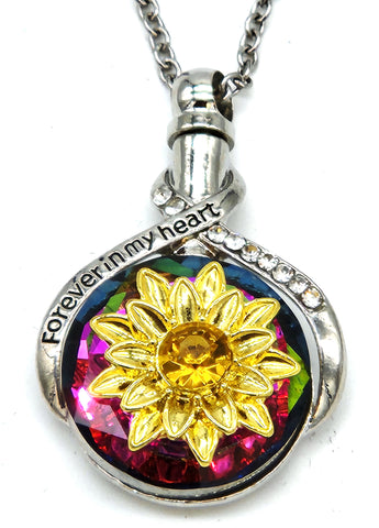 Cremation Jewelry - Forever in my Heart Crystal with Sunflower Cremation Pendant and Chain
