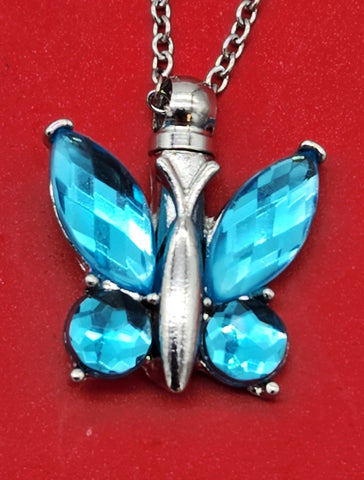 Cremation Jewelry - Blue Crystal Butterfly Pendant and Chain