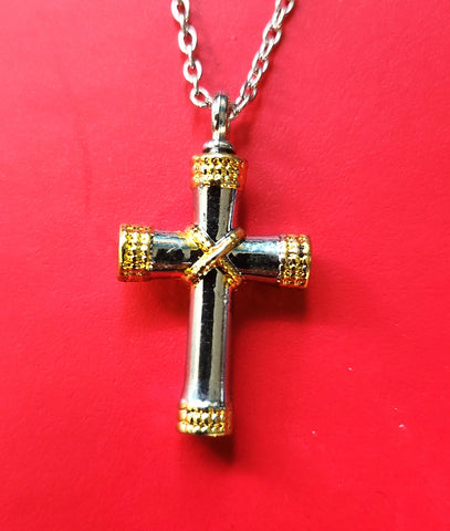 Cremation Jewelry - Silver and Gold Colored Cross Pendant and Chain