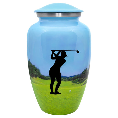 Adult Human Cremation Urn |  Female Golfer in Full Swing Silhouette | Urn for Female Golfer